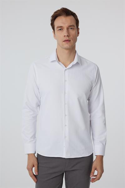 Beyaz Slim Fit Armürlü Klasik Yaka Gömlek