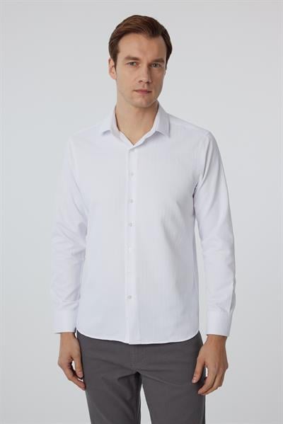 Beyaz Slim Fit Armürlü Klasik Yaka Gömlek