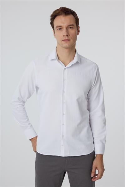 Beyaz Slim Fit Armürlü Klasik Yaka Gömlek