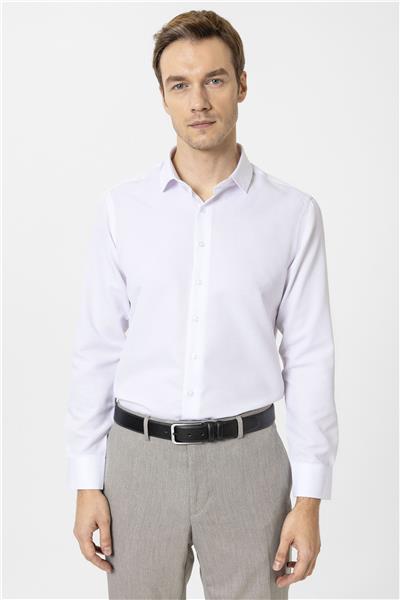 Beyaz Slim Fit Armürlü Klasik Yaka Gömlek