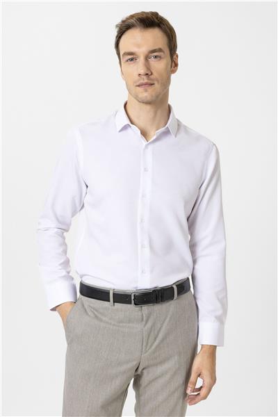 Beyaz Slim Fit Armürlü Klasik Yaka Gömlek