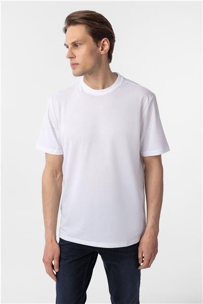 Beyaz Slim Fit Armürlü Bisiklet Yaka Tişört