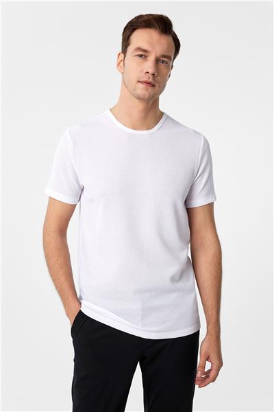 Beyaz Slim Fit Armürlü Bisiklet Yaka Tişört