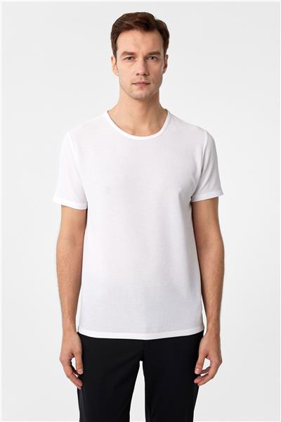 Beyaz Slim Fit Armürlü Bisiklet Yaka Tişört