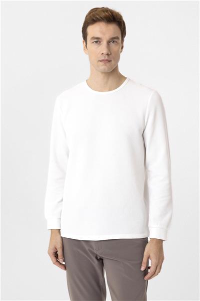 Beyaz Slim Fit Armürlü Bisiklet Yaka Triko Kazak