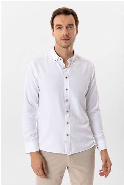 Beyaz Slim Fit Düz Düğmeli Yaka Gömlek