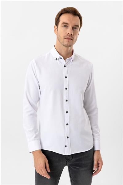 Beyaz Slim Fit Düz Düğmeli Yaka Gömlek