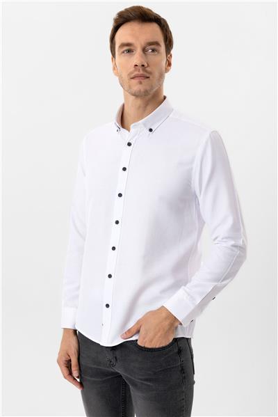 Beyaz Slim Fit Düz Düğmeli Yaka Gömlek