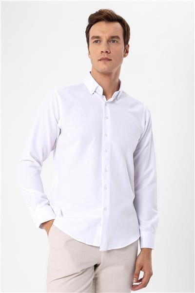 Beyaz Slim Fit Düz Düğmeli Yaka Gömlek