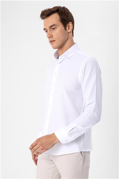 Beyaz Slim Fit Düz Düğmeli Yaka Gömlek