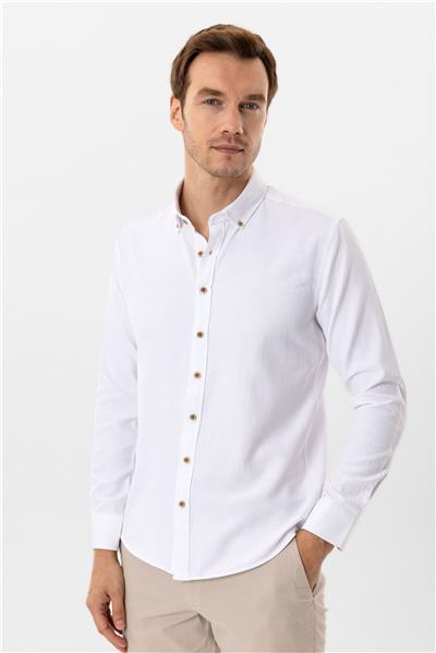 Beyaz Slim Fit Düz Düğmeli Yaka Gömlek
