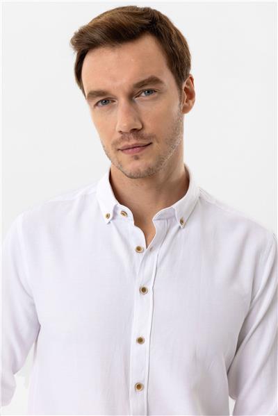 Beyaz Slim Fit Düz Düğmeli Yaka Gömlek