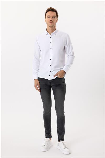 Beyaz Slim Fit Düz Düğmeli Yaka Gömlek