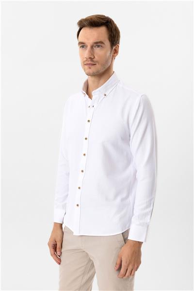 Beyaz Slim Fit Düz Düğmeli Yaka Gömlek