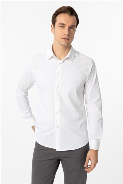 Beyaz Slim Fit Düz Klasik Yaka Gömlek