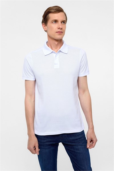 Beyaz Slim Düz Polo Yaka Tişört