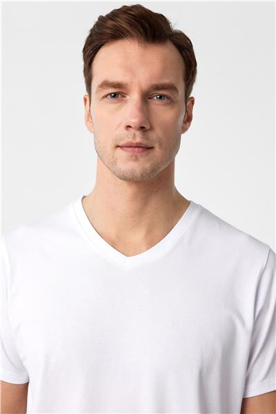 Beyaz Slim Fit Düz V Yaka Tişört