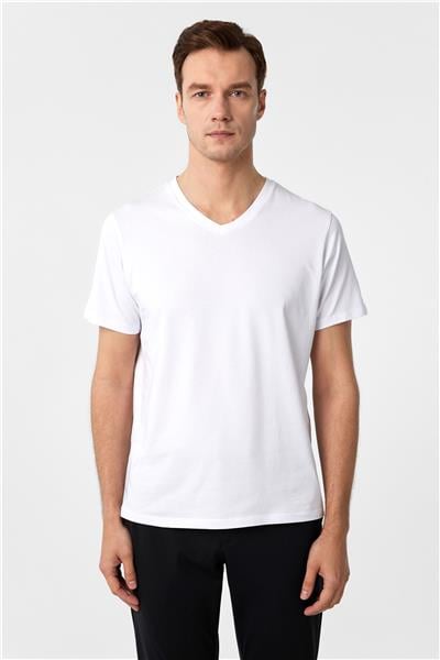 Beyaz Slim Fit Düz V Yaka Tişört