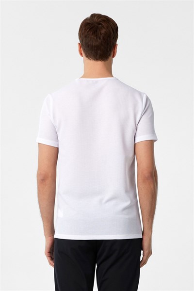 Beyaz Slim Fit Armürlü Bisiklet Yaka Tişört