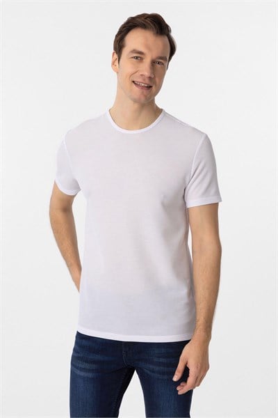 Beyaz Slim Fit Armürlü Bisiklet Yaka Tişört