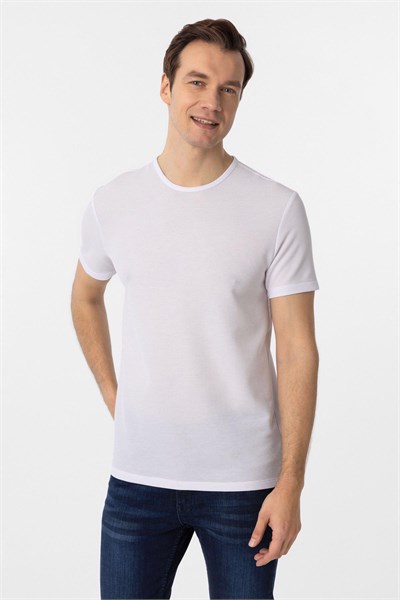Beyaz Slim Fit Armürlü Bisiklet Yaka Tişört