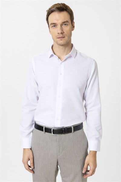 Beyaz Slim Fit Armürlü Klasik Yaka Gömlek