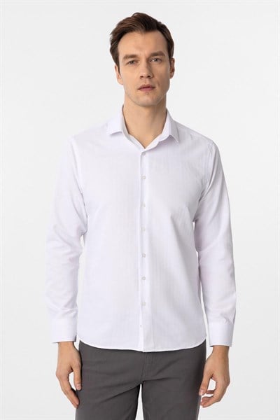 Beyaz Slim Fit Armürlü Klasik Yaka Gömlek