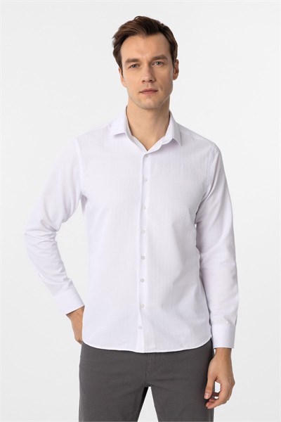 Beyaz Slim Fit Armürlü Klasik Yaka Gömlek