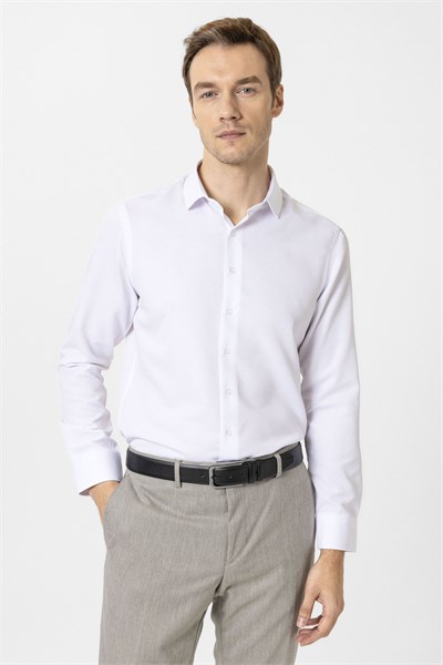 Beyaz Slim Fit Armürlü Klasik Yaka Gömlek