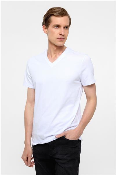 Beyaz Slim Fit Düz V Yaka Tişört