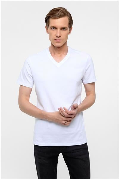 Beyaz Slim Fit Düz V Yaka Tişört