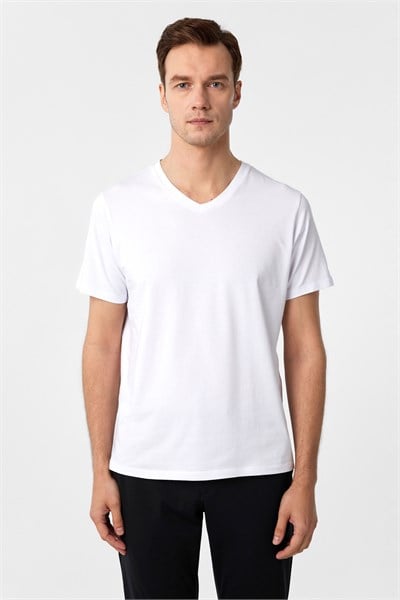Beyaz Slim Fit Düz V Yaka Tişört