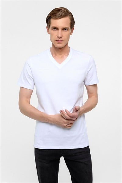 Beyaz Slim Fit Düz V Yaka Tişört