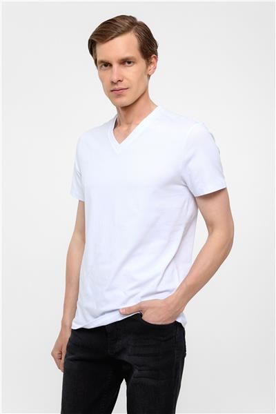 Beyaz Slim Fit Düz V Yaka Tişört