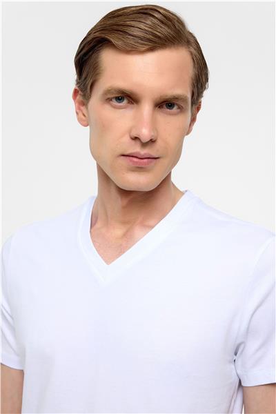 Beyaz Slim Fit Düz V Yaka Tişört