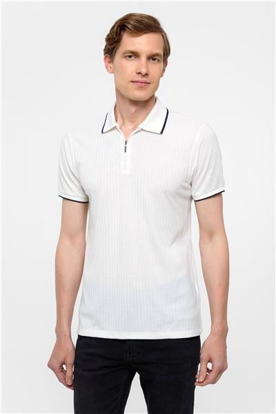 Beyaz Slim Fitilli Polo Yaka Tişört