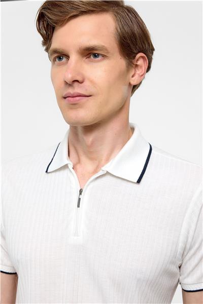 Beyaz Slim Fitilli Polo Yaka Tişört