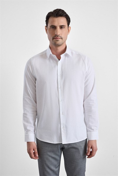 Beyaz Slim Klasik Yaka Düz Uzun Kollu Casual Gömlek