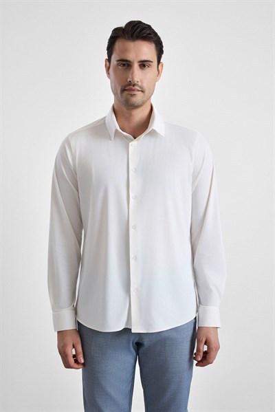 Beyaz Slim Klasik Yaka Düz Uzun Kollu Casual Gömlek