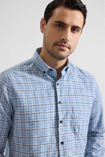 Buz Mavi Regular Düğmeli Yaka Kareli Casual Gömlek