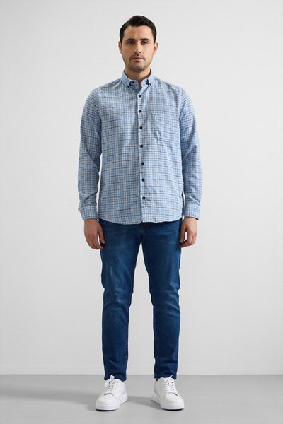 Buz Mavi Regular Düğmeli Yaka Kareli Casual Gömlek
