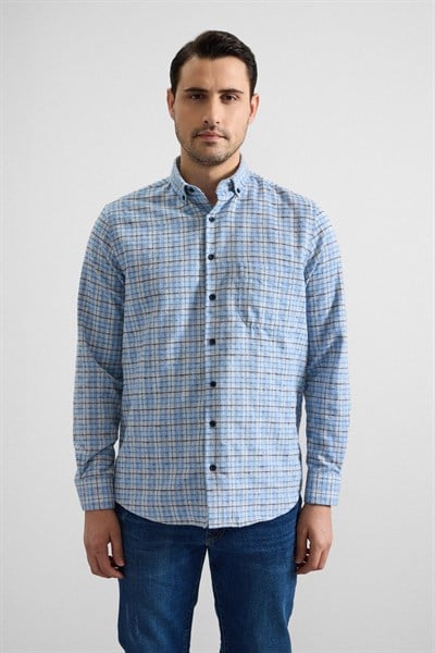 Buz Mavi Regular Düğmeli Yaka Kareli Casual Gömlek