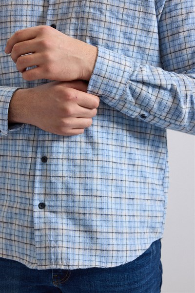 Buz Mavi Regular Düğmeli Yaka Kareli Casual Gömlek