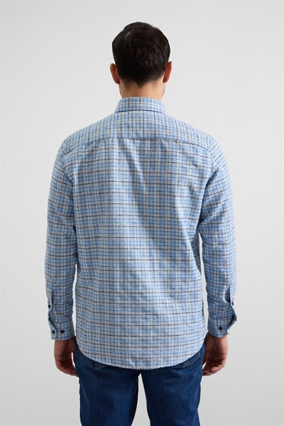 Buz Mavi Regular Düğmeli Yaka Kareli Casual Gömlek