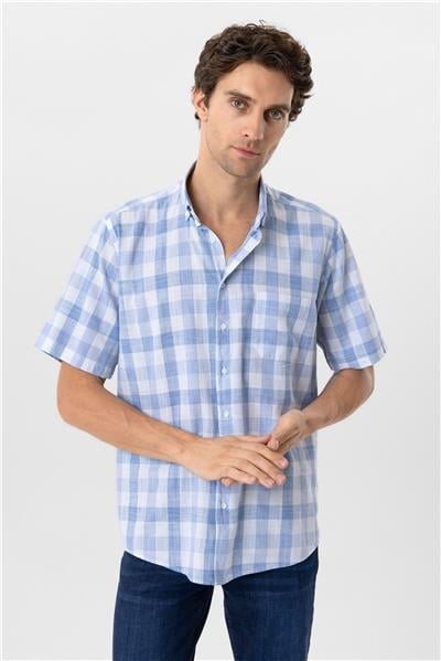 Buz Mavi Regular Fit Düz Düğmeli Yaka Kısa Kollu Gömlek