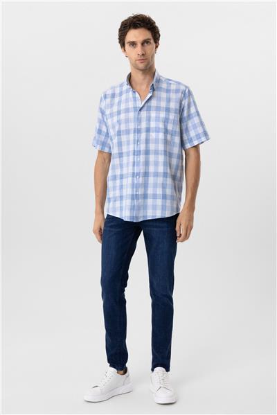 Buz Mavi Regular Fit Düz Düğmeli Yaka Kısa Kollu Gömlek