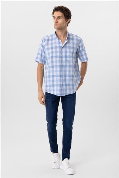 Buz Mavi Regular Fit Düz Düğmeli Yaka Kısa Kollu Gömlek
