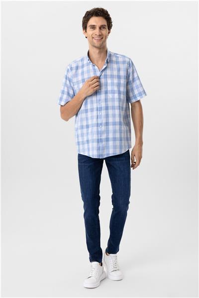 Buz Mavi Regular Fit Düz Düğmeli Yaka Kısa Kollu Gömlek