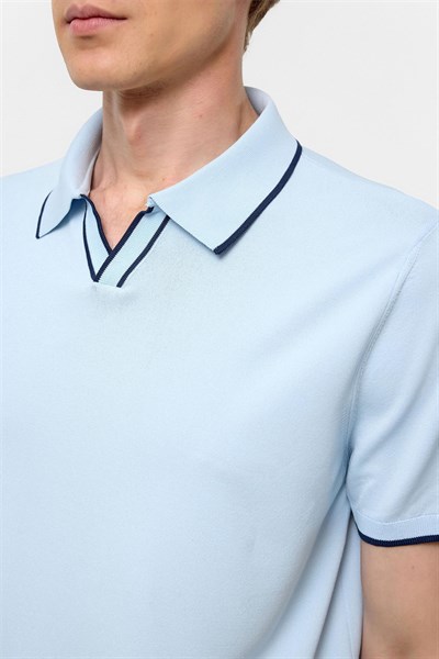 Buz Mavi Regular Düz Polo Yaka Triko Tişört 