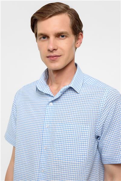 Buz Mavi Regular Fit Kareli Düğmeli Yaka Gömlek